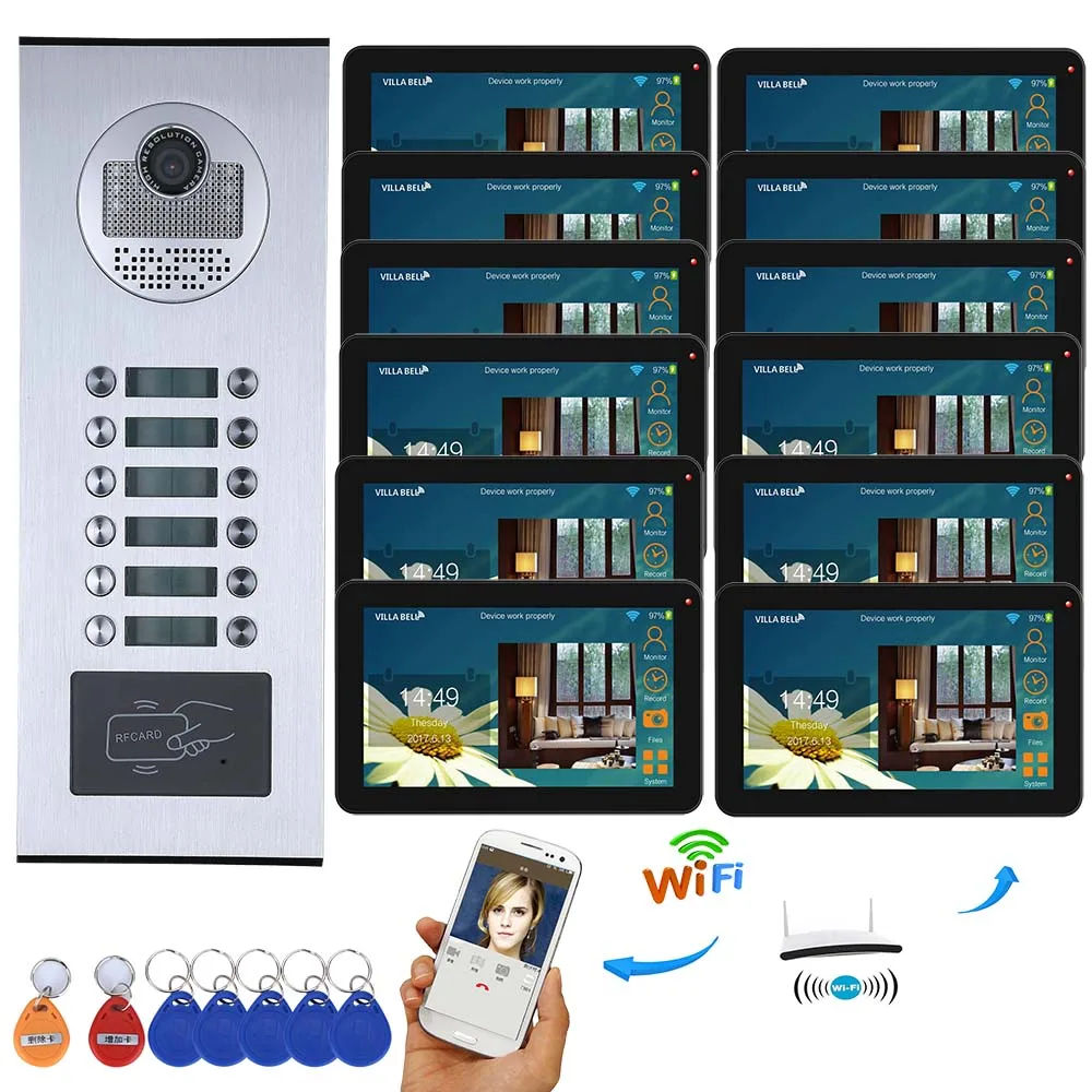 

MOUNTAINONE Video Intercom Systems 12 apartments 9 inch Wifi Video Door Phone System RFID IR-CUT HD 1000TVL Doorbell Camera