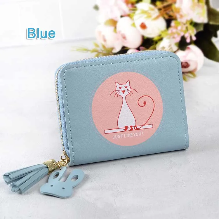 Blue Кот короткие Ленточки женские бумажники с застежкой-молнией держатель для карт для девочек кошельки бумажник леди толстосумы цвет конфеты мини сумки карман - Цвет: Blue