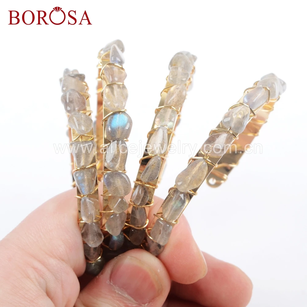 BOROSA 5/10PCS Fashion Natural Labradorite Beads Bangles Gold Color Wire Wrapped Gems Stone Bracelet for Wholesale WX1035 | Украшения и