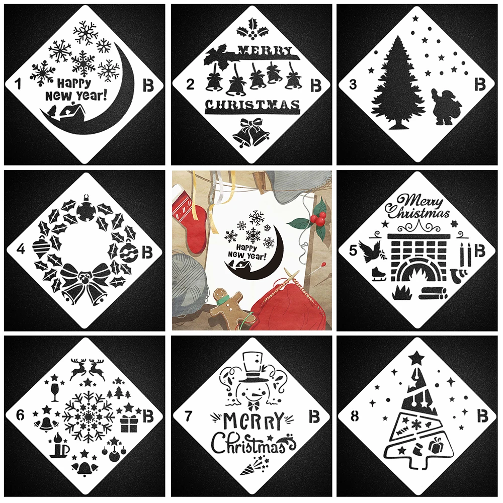 2019 Новый набор из 8 штук для рисования на Рождество, шаблонов для дневника пулевых рисунков, скрапбукинговых карточек, декорации альбома.