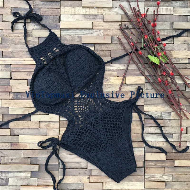 Женский ажурный трикини ручной работы вязаные крючком костюмы с высоким воротом