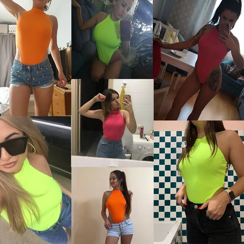 Ahagaga Модный комбинезон неоновый зеленый красный оранжевый сексуальный боди летняя одежда для женщин Повседневная Уличная одежда Облегающий комбинезон