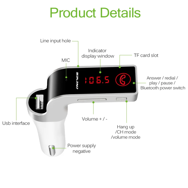 Onever 4-in-1 Hands Free Wireless Bluetooth FM Transmitter G7 + AUX Modulator Car Kit MP3 Player SD USB LCD Accessories |