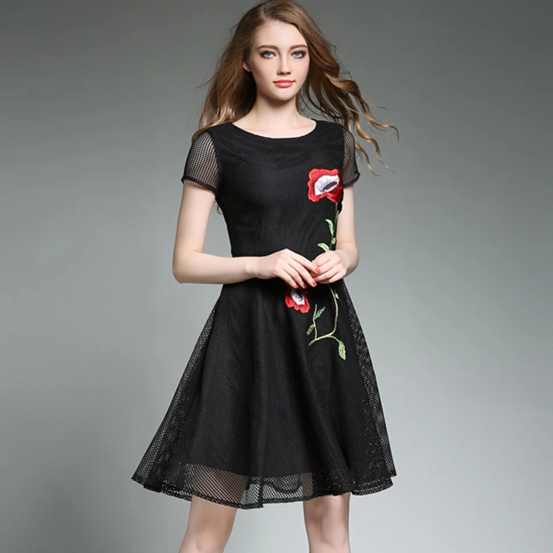 2017 лето dress женщины винтаж партия вышивка цветочница коротким рукавом свадебное