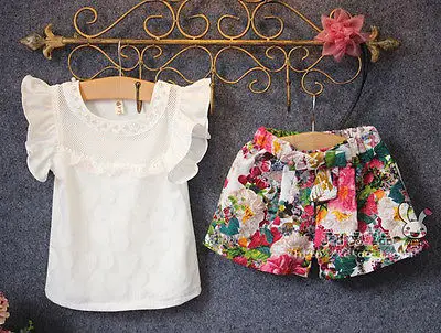 2017 New Fashion Cute Baby Girls Clothes Set Summer Petal Sleeve T-Shirt Top and Floral Shorts 2PCS Little Outfit | Детская одежда и