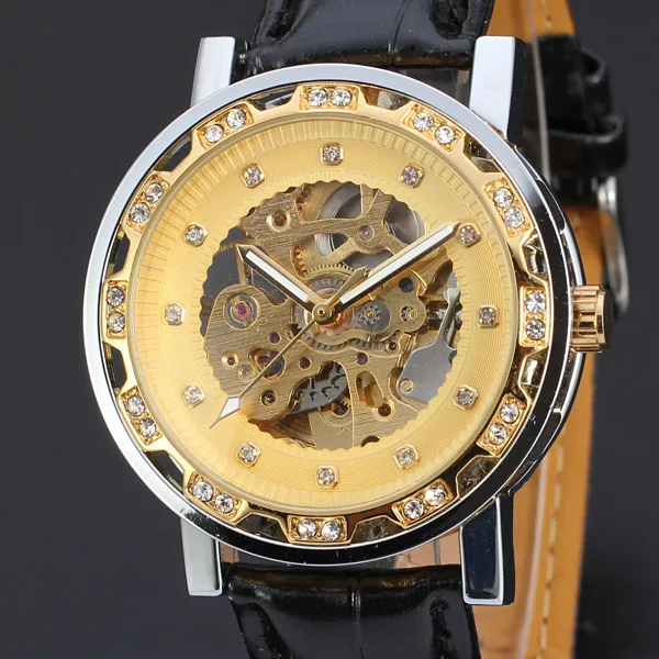 WINNER Роскошные мужские часы брендовые полые золотые бриллиантовые