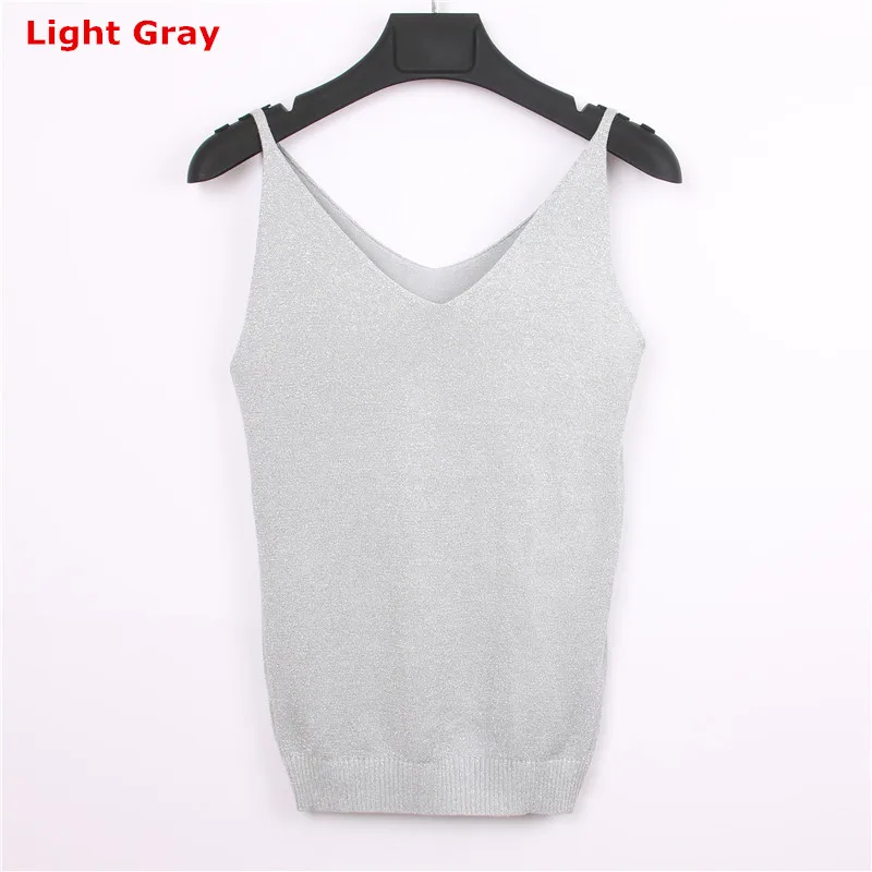 Light Gray Женская майка с люрексом, Вязанная, элегантная, облегающая, сексуальная, с открытыми плечами, безрукавка, без спинки, топ, жилет, v-образный вырез, одноцветная майка, свитер - Цвет: Light Gray