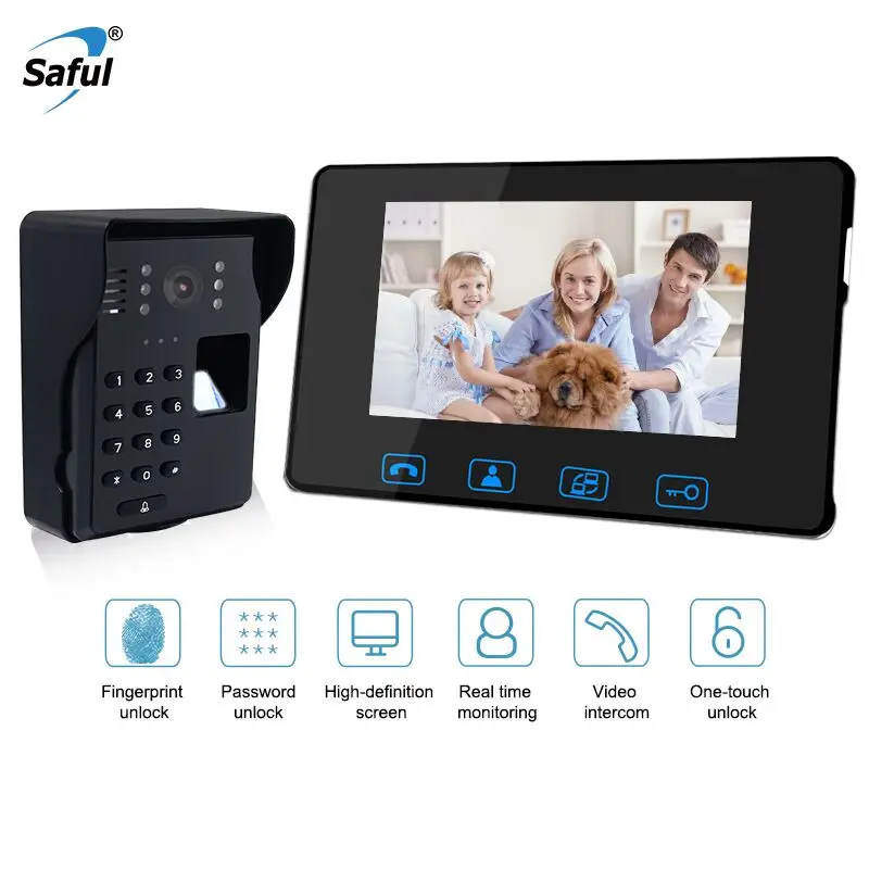 

Saful 7'' wired Fingerprint Recognition video doorbell door phone system support fingerprint unlock with Night vision Touch key