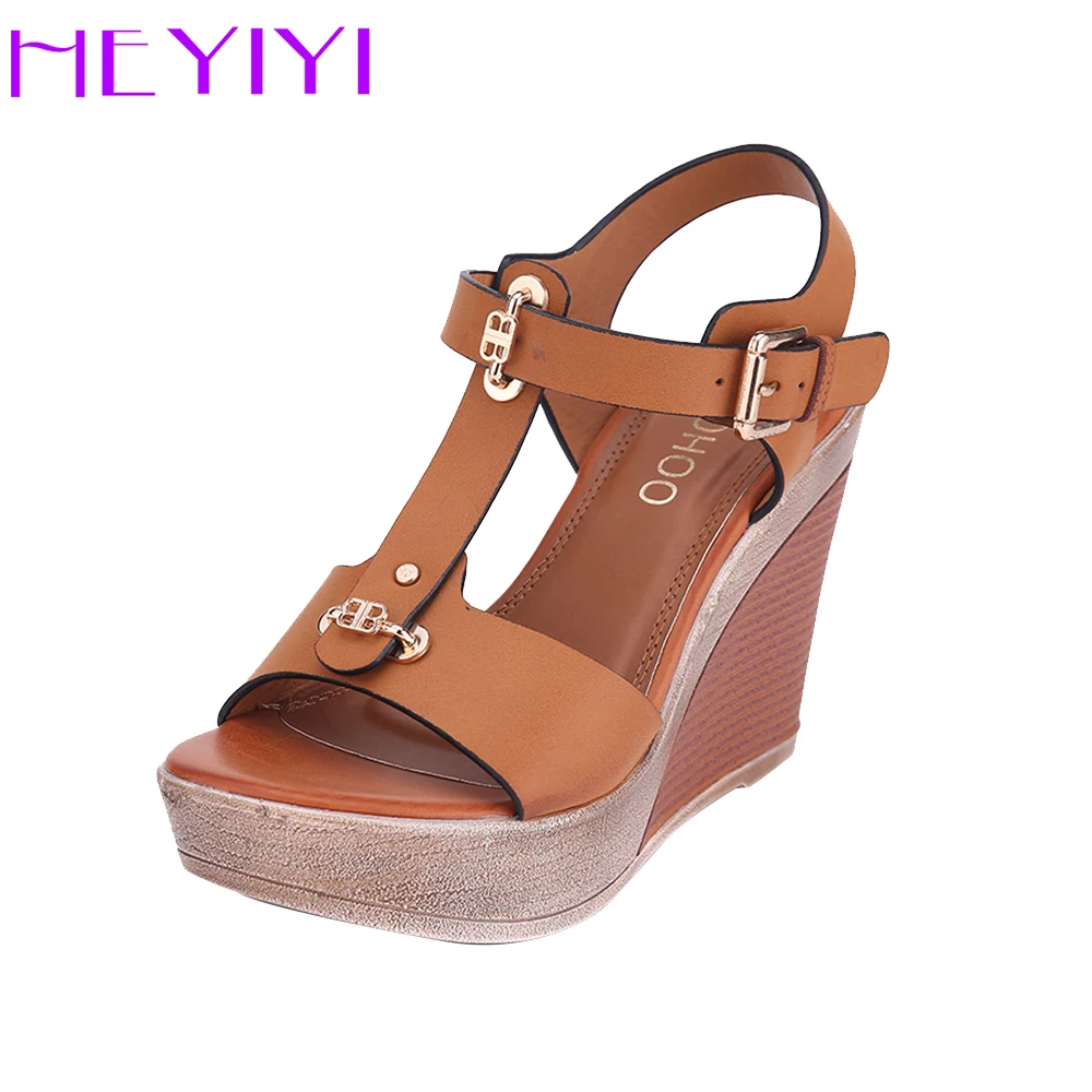 HEYIYI/обувь женские босоножки с Т образным ремешком на платформе танкетке высоком