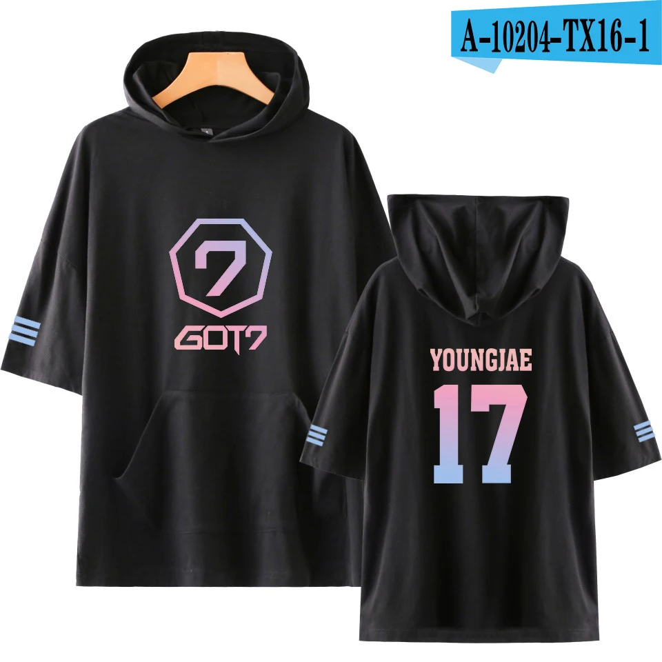 black LUCKYFRIDAYF GOT7 Ifashion поп печати короткий рукав толстовка с капюшоном Dragon Ball Harajuku Для женщин/Для мужчин в стиле «хип-хоп», с капюшоном, с принтами персонажей из 4XL - Цвет: black