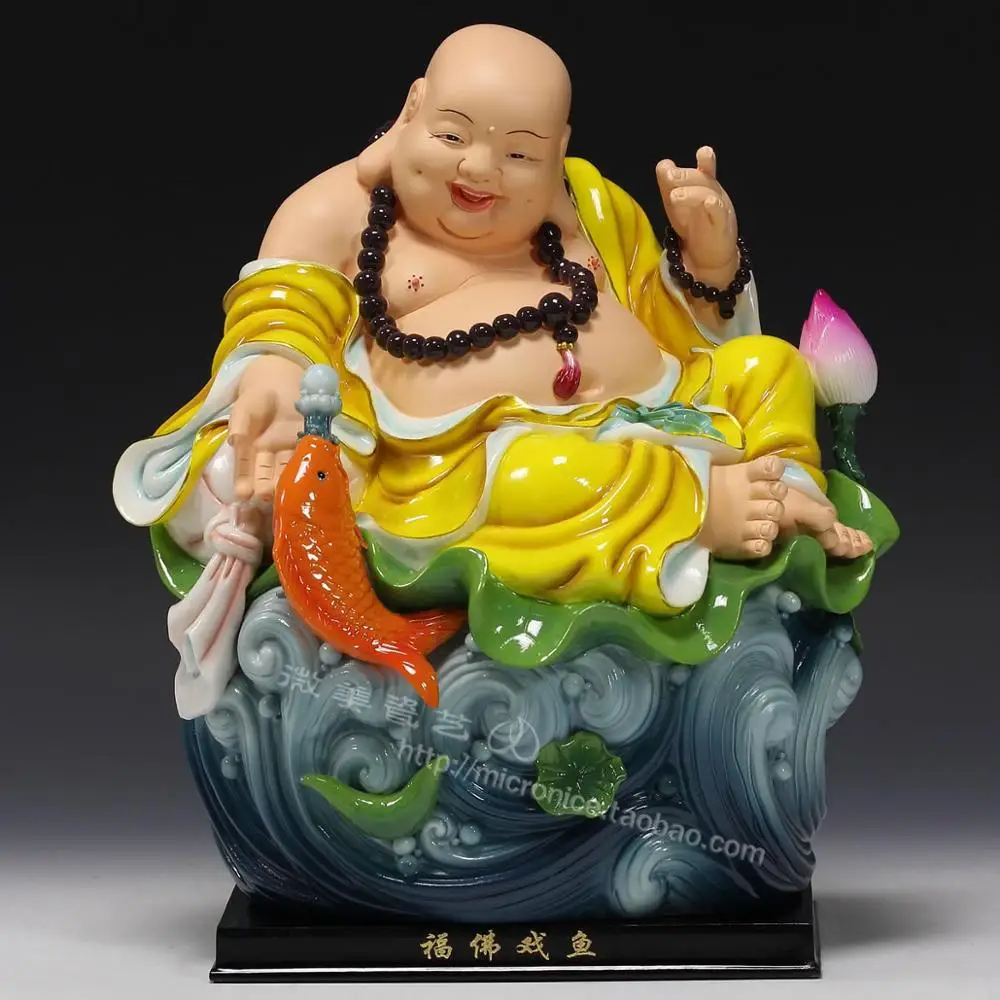 

Dehua ceramic color 13 inch Hoover play fish Maitreya Buddha Buddhist Home Furnishing feng shui ornaments gifts felicitous wish