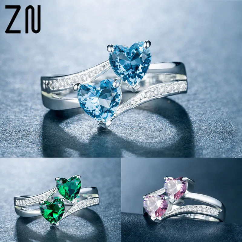 

ZN 2021 Fashion Female Rings Inlaid With Double Heart-Shaped Azure/Pink/Green Zircons Ring For Women Valentine's Day Gifts