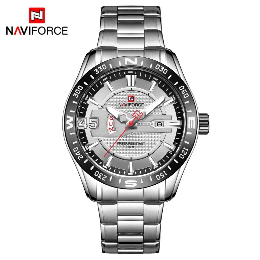 Серебристый NAVIFORCE Элитный бренд Для мужчин Нержавеющая сталь синий часы Для мужчин кварцевые часы человек спортивные Водонепроницаемый наручные часы Relogio Masculino - Цвет: Серебристый