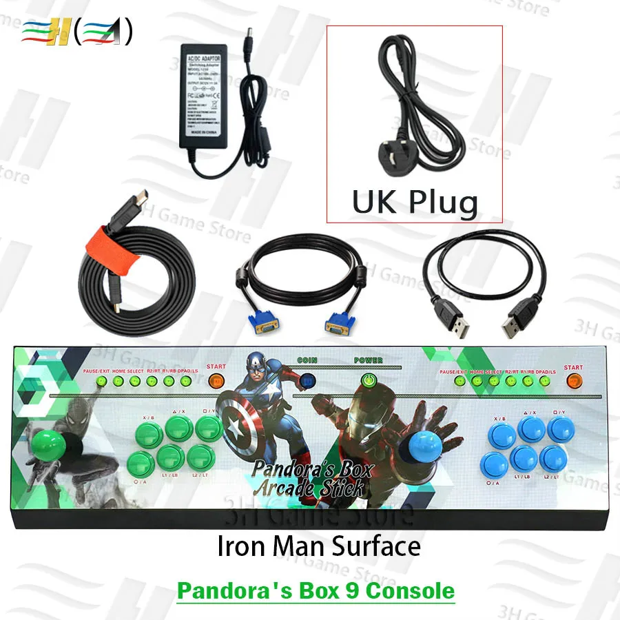 PDB9 Iron Man UK Pandora Box 9 1500 В 1 видео игры аркадная палка Консоль 2 игрока джойстик светодиодная Кнопка Pandora's box 5 плюс версия консоли - Цвет: PDB9 Iron Man UK