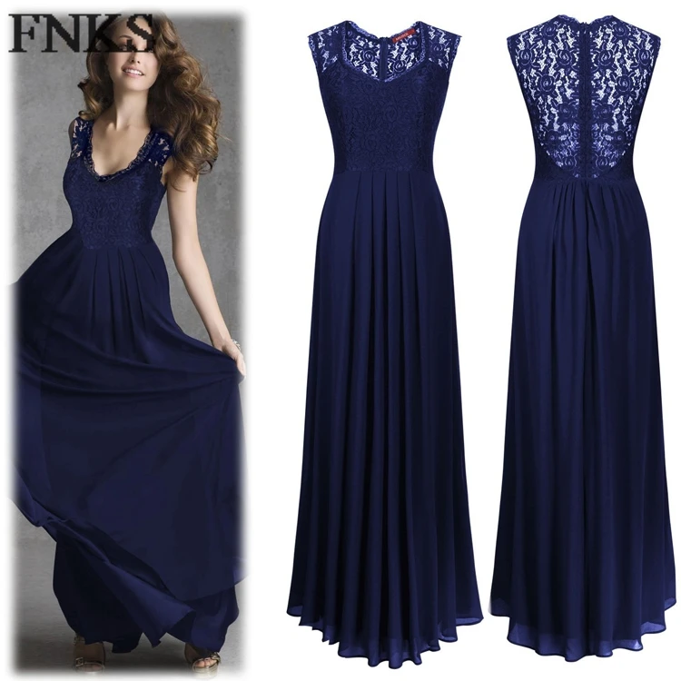 Дешевые Темно-Синий Вечерние Платья Длинные Кружева Рукавом Элегантный Шифон