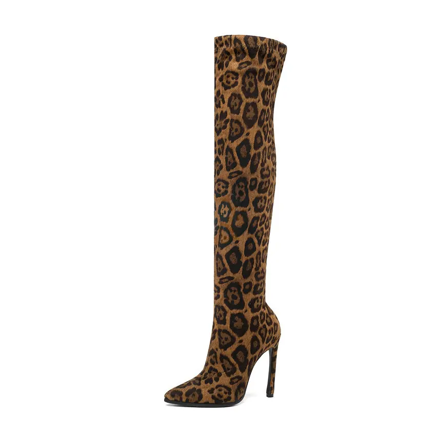 Brown-Thin Heel QUTAA/ без шнуровки пикантные женские туфли с острым носком и леопардовым ткани стрейч ботфорты; женские сапоги на высоком каблуке зимние сапоги Размеры 34–43 - Цвет: Brown-Thin Heel