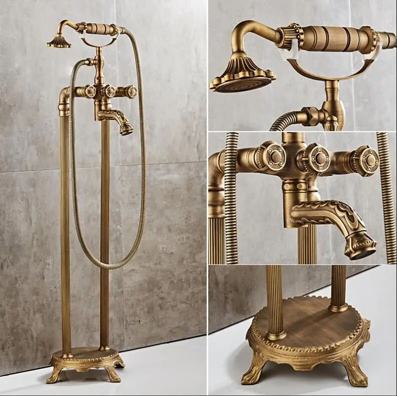 

Free standing Carved Bathtub Faucet Tub Filler Fashion Antique Brass Floor Mount with Hand shower Bathtub Mixer Taps
