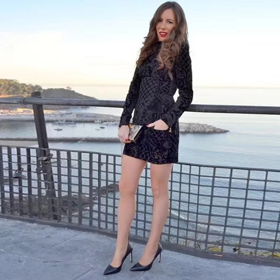 2021 Outono Новое Сексуальное Платье Das Mulheres Bodycon Luxo Veludo манга Longa Flor Stand Gola платье