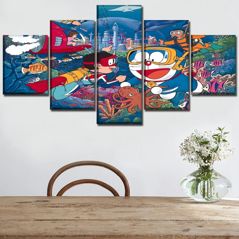 Canvas Paintings Living Room Wall Art 5 Pieces Anime Doraemon Underwater World Poster HD Prints Pictures Decorative Framework | Дом и сад