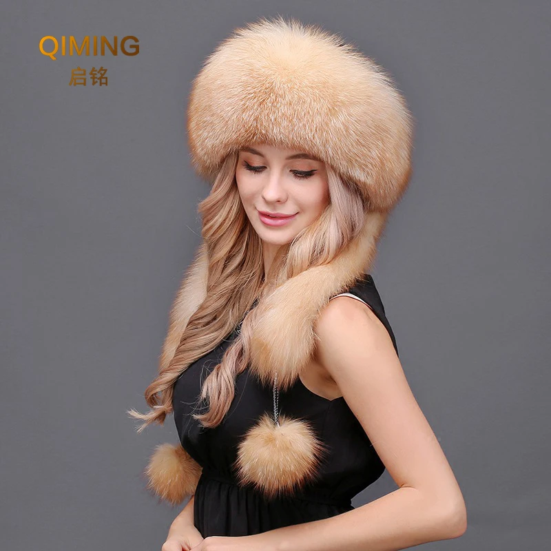 New Women Natural Fur Hat Winter Hats for Women Cap Fox Fur Earmuffs Hat Thick And Warm Hats Female Long Tassels Rabbit Hat Top