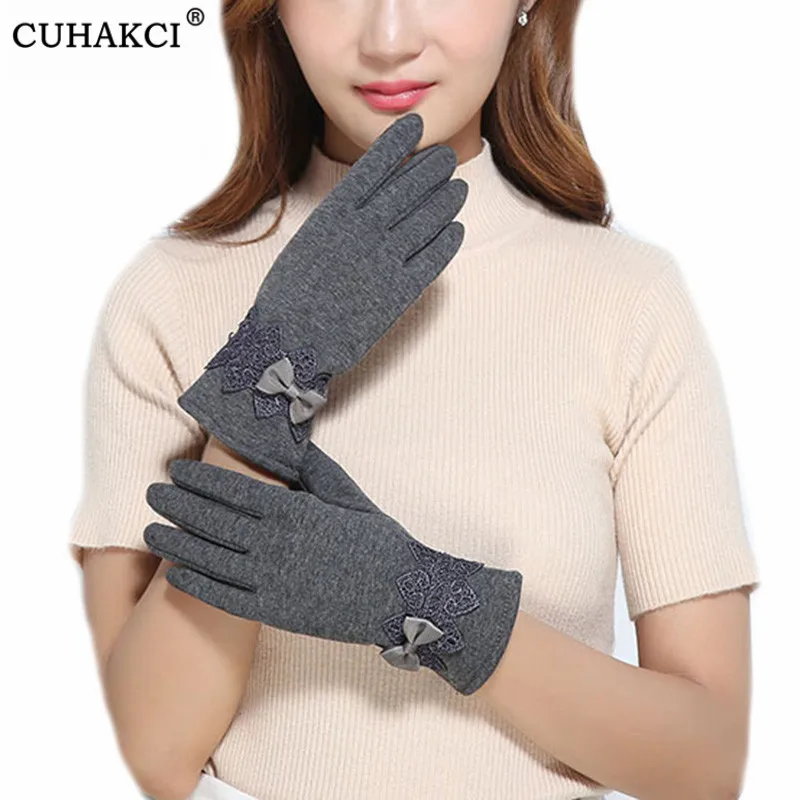 

CUHAKCI Winter Lace Mittens Bow Tie Adult Touched Screen Gloves Women Wrist Ladies Warm Full Fingers Mittens Hot Women's Gloves