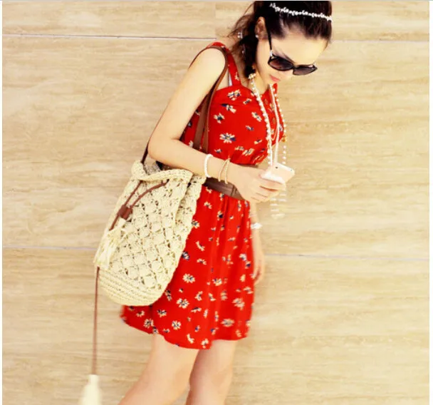 New woven rattan straw bag Bucket string mouth beach summer spring  hollow out bag 1pcs free post