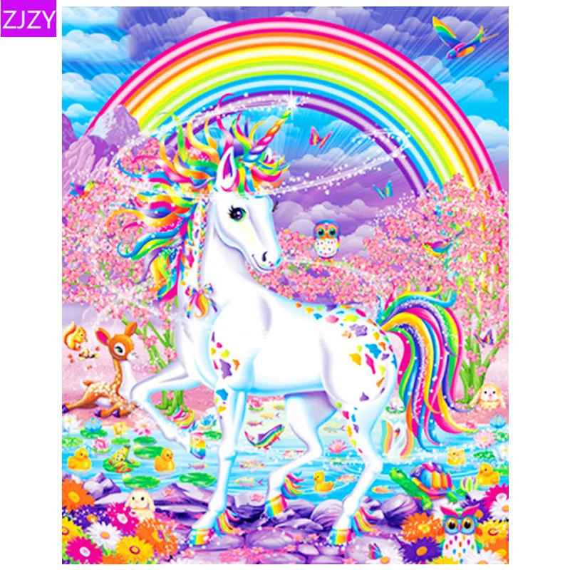 

ZJZY 5D Diy Diamond Painting New Arrival Cartoon Rainbow White Horse Unicorn Round Rhinestone Home Christmas Decorations LY554