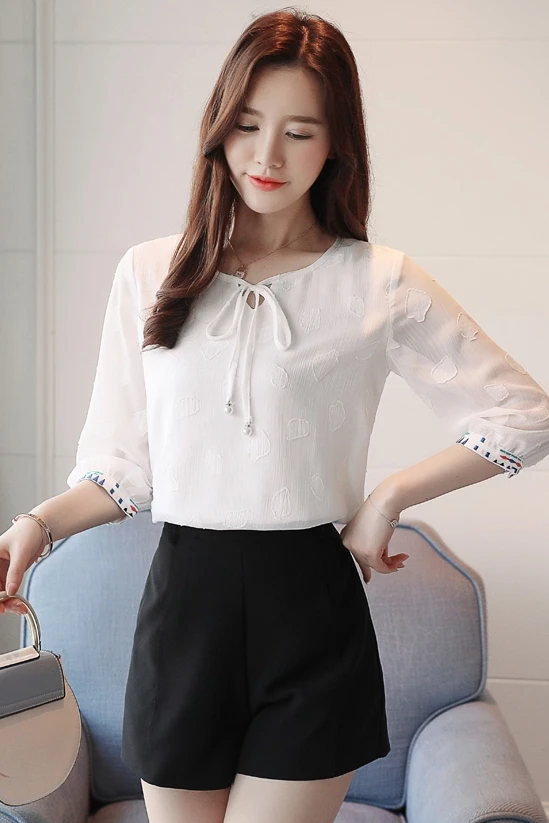 

2018 new chiffon women tops and blouses women's seven sleeves women's shirt solid white female clothes blusa feminine 0871 40