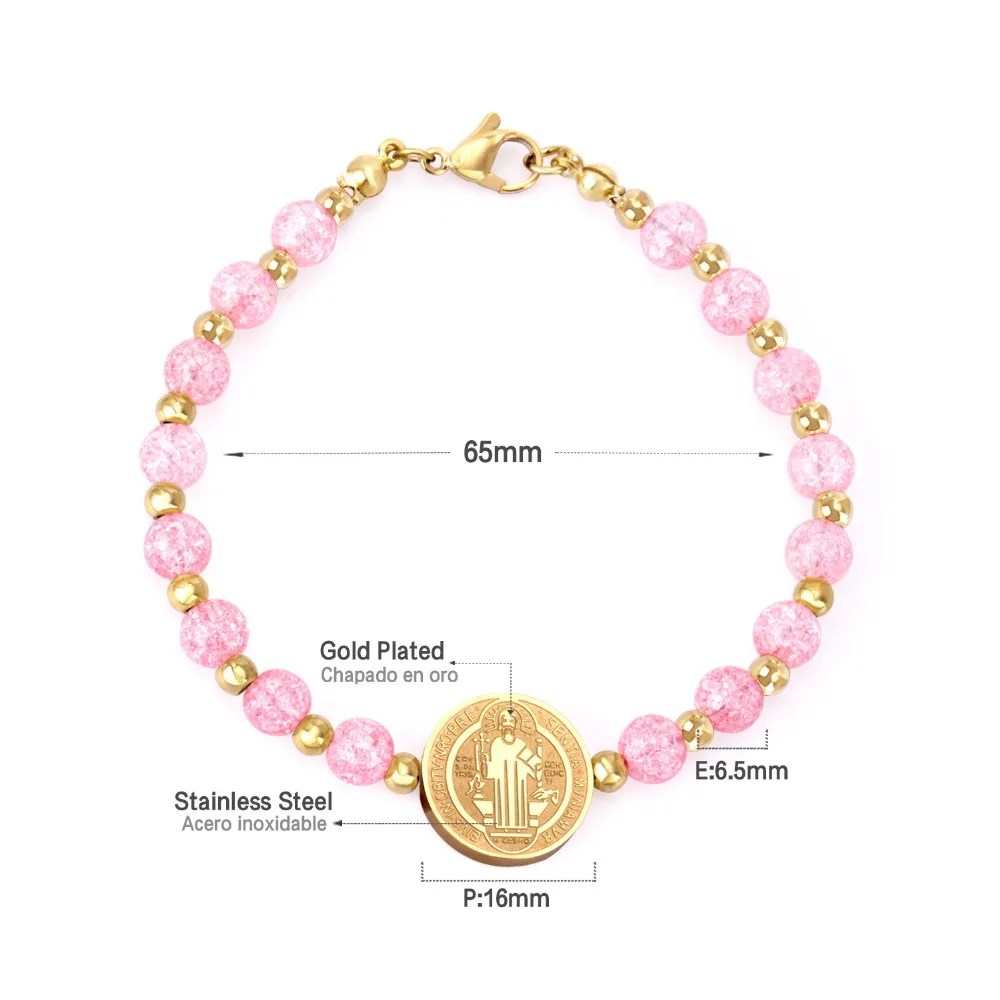 LUXUSTEEL baby bangle bracelet Pink Crystal Beaded Bracelets Stainless Steel Round Jesu Pendants Women Accessories Party | Украшения и