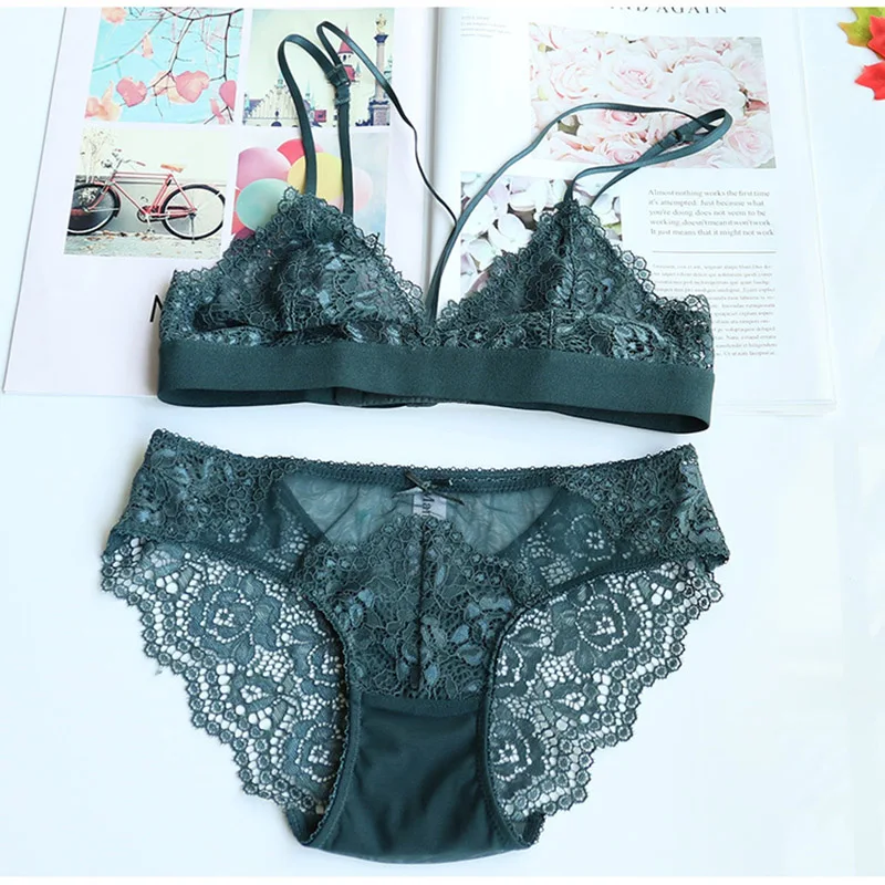 Lolita Underwear Sexy Women Transparent Lace Bra Set Bralet Line Straps Lingerie Push Up and Panty Wireless Bralette | Женская одежда