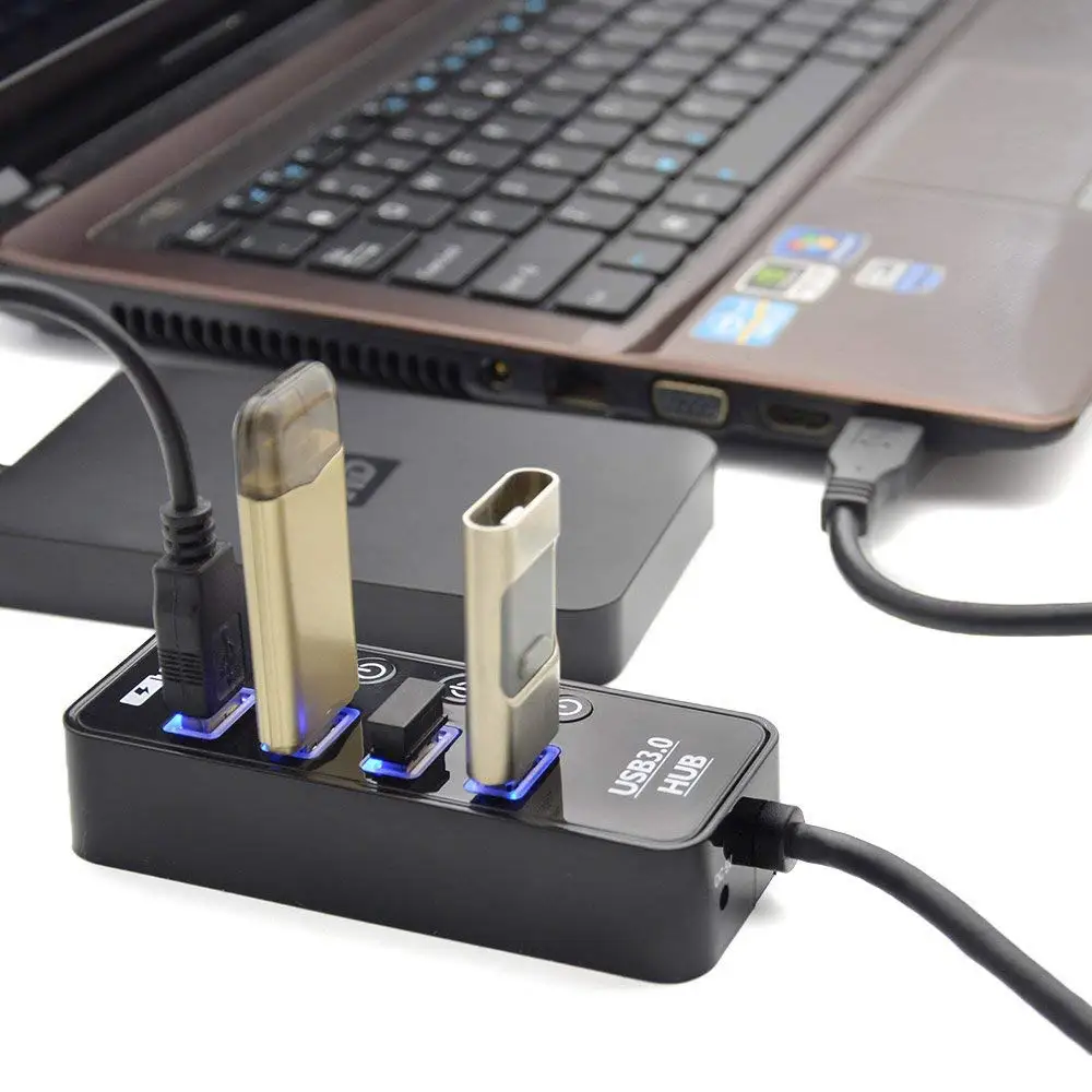 

Super Speed 4 Ports USB 3.0 Hub Powered USB Splitter With 1 USB Charging Port Individual On/Off Switches With AC Power Adapter