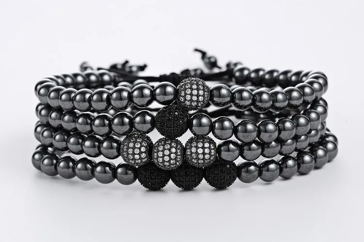 Mcllroy мужские браслеты, круглые бусины и 8 мм Micro Pave черные CZ бусины Micro Pave кубического циркония плетение Макраме Браслеты