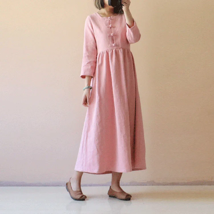 Весеннее новое оригинальное хлопковое льняное платье с длинным рукавом