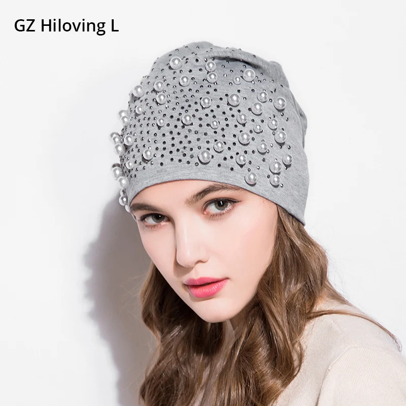GZHilovingL-gorros con diamantes para mujer, gorros informales de poliéster suave, holgados, para otoño, invierno y primavera