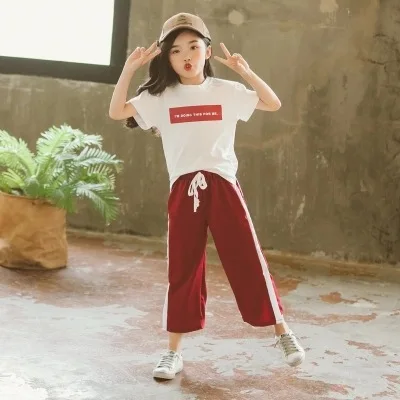 Летняя одежда для девочек новый костюм детей старшего возраста футболка с