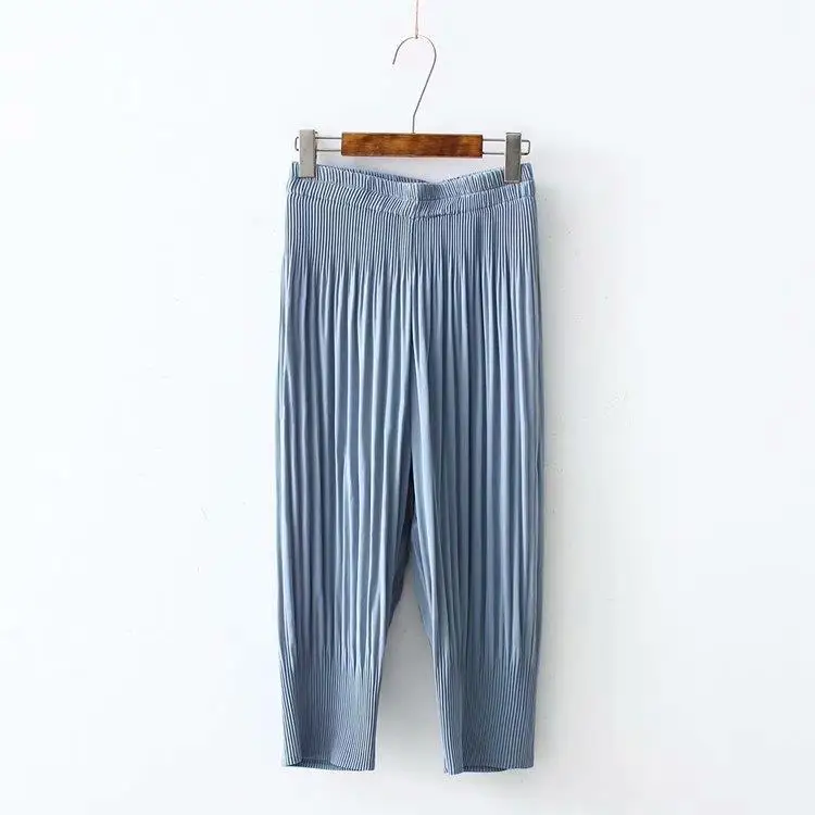 Pleated Plus Size 5XL Summer Calf-length Pants Thin Chiffon Pants Womens High Waist Slim Ladies Trousers Elastic Waist PantsA342