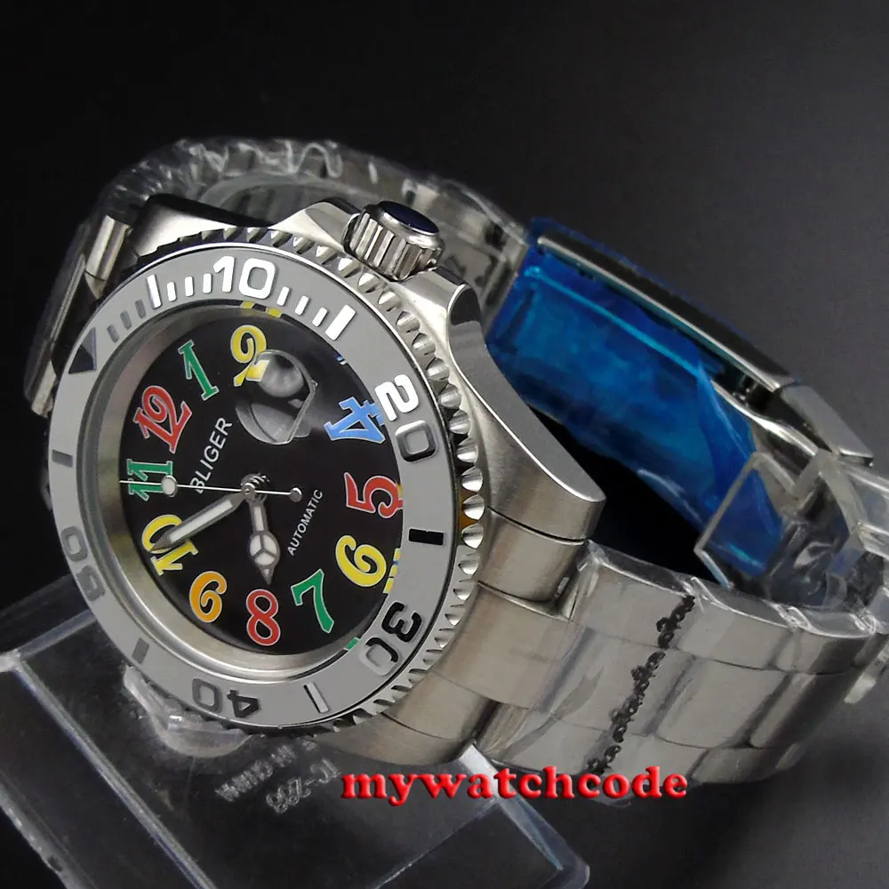 

40 мм черный циферблат блигер цветные отметки керамический ободок автоматические мужские наручные часы