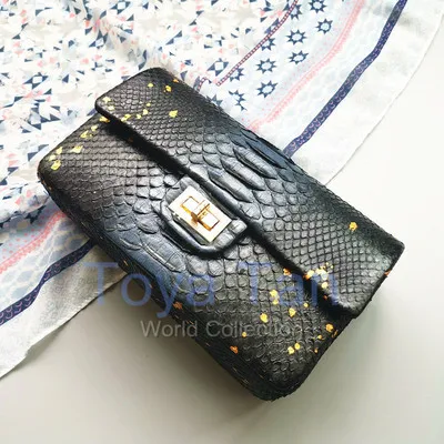 black with blue Высокое качество, роскошная натуральная цепь кожи питона, кошелек для женщин, многоцветная змеиная кожа, женская сумка на цепочке через плечо - Цвет: black with blue
