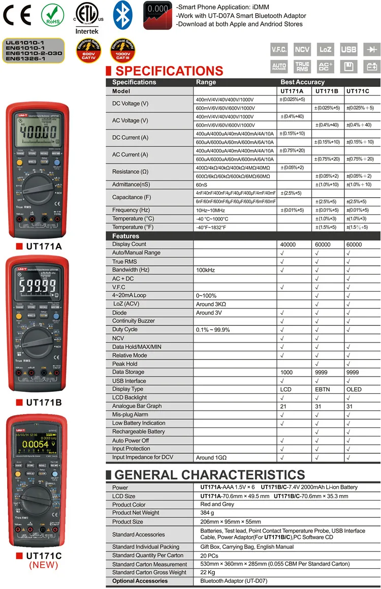 UNI-T UT171C промышленный RMS цифровой мультиметр/OLED дисплей/LoZ низкое сопротивление Вход/VFC Измерение частоты/USB/Bluetooth