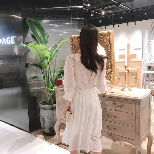 

Chic Fairy Style Women Dress A-line Three Quarter And Flare Sleeves Vestidos Knee-length Solid Womens Dresses With Ruffles