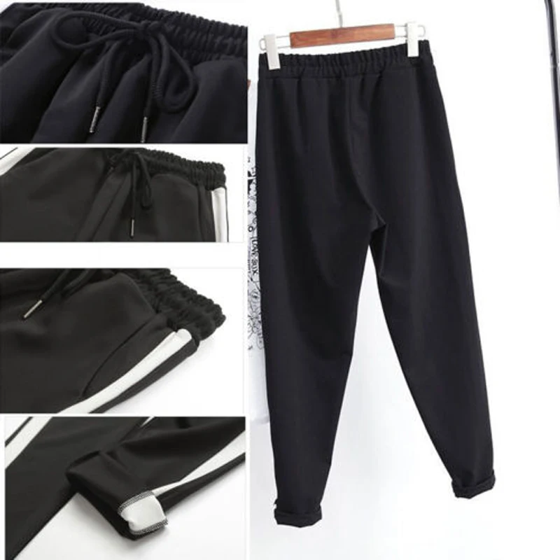 

Fashion Women Side Stripes Sweatpants Black Casual Trousers Hip Hop Jogger Elastic Waist Black Regular Pants Outfit Spring Fall