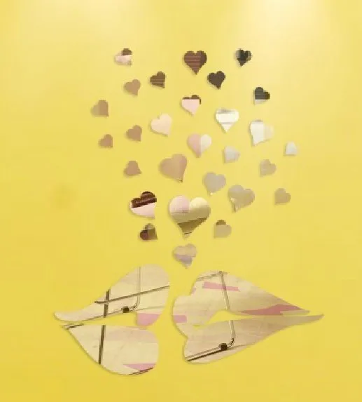 Бесплатная доставка Съемный поцелуй акриловый зеркальный стикер с 28 шт сердцем 3D