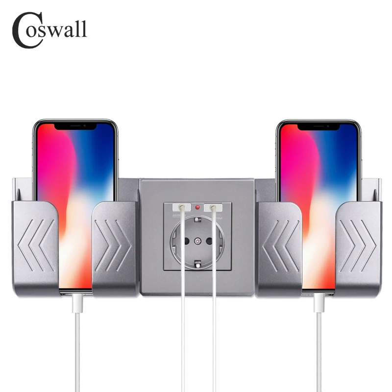 COSWALL, двойной usb порт для зарядки, 16А, настенная розетка для ЕС, России, розетка, стеклянная панель, панель для ПК, матовый серый цвет