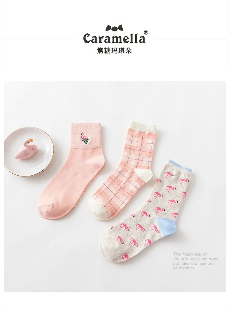 Caramella, 3 пары, жаккардовые, с вышивкой, фламинго, хлопковые, милые, рождественские, теплые, милые, Мультяшные, носки для женщин, стрейчевые, в студенческом стиле