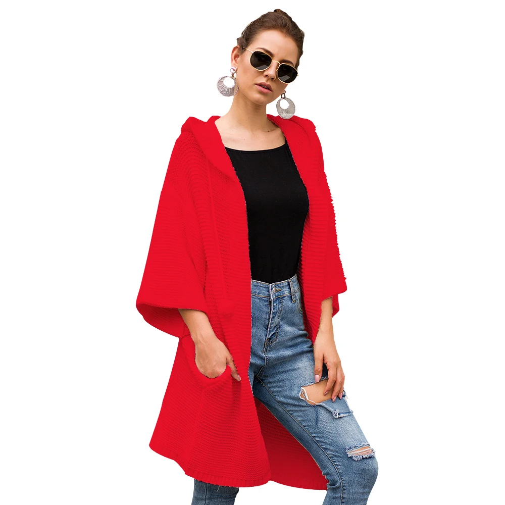 Women Cardigan Autumn Long Knitted Jacket Oversized Hooded Sweater Winter White Red Coat with Hat Lady Outwear eDressU SJ-VD3069 |