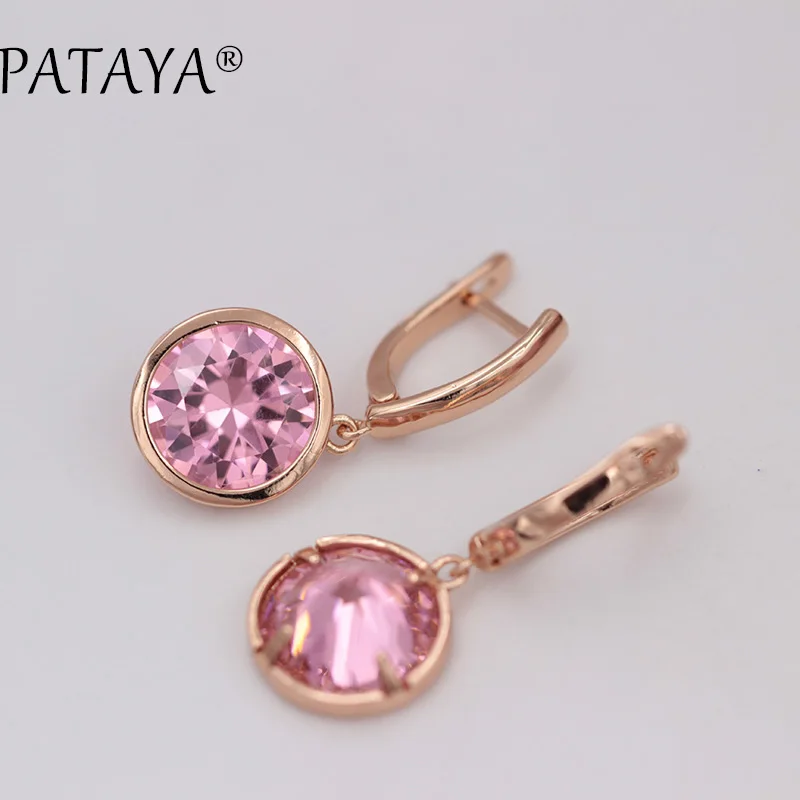 Pink PATAYA, новинка, красные, турмалиновые, Круглые, длинные серьги, 585, розовое золото, натуральный циркон, свисающие серьги для женщин, свадебные, модные ювелирные изделия - Окраска металла: Pink