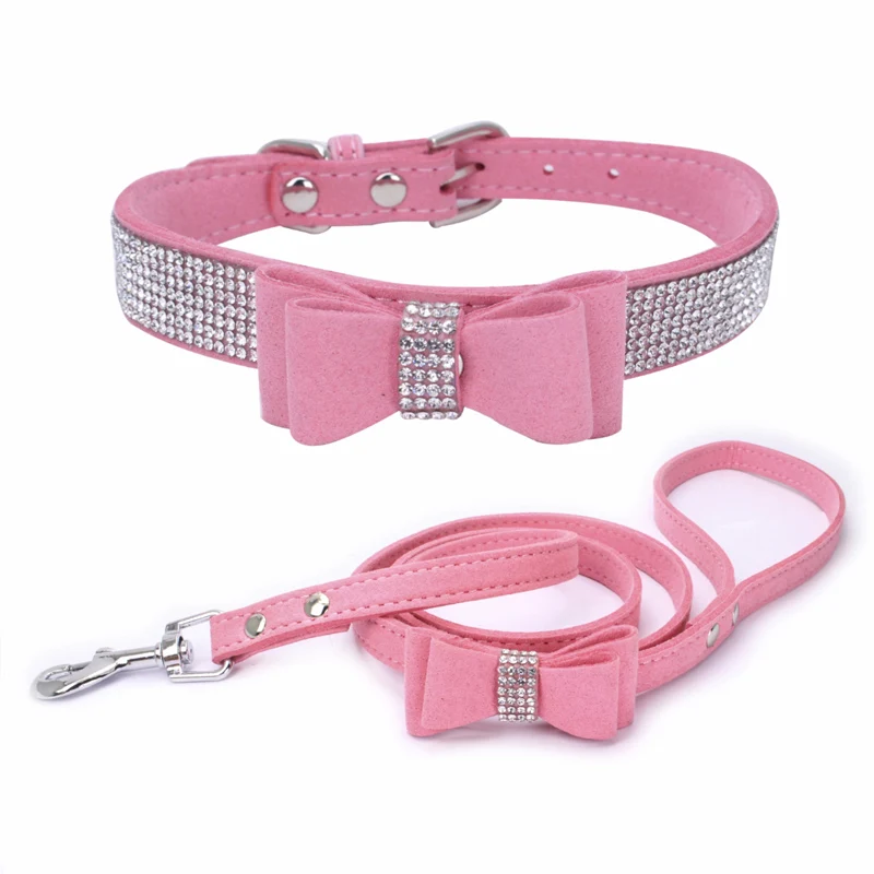 pink 2 шт милый бант замша кожа собачий ошейник в стразах и поводок набор для питомца щенка кота Чихуахуа ошейники для маленьких средних собак - Цвет: pink