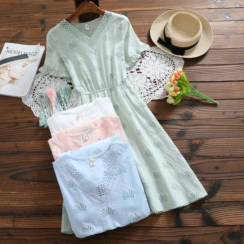 Женское Хлопковое платье с цветочным принтом летнее v-образным вырезом и