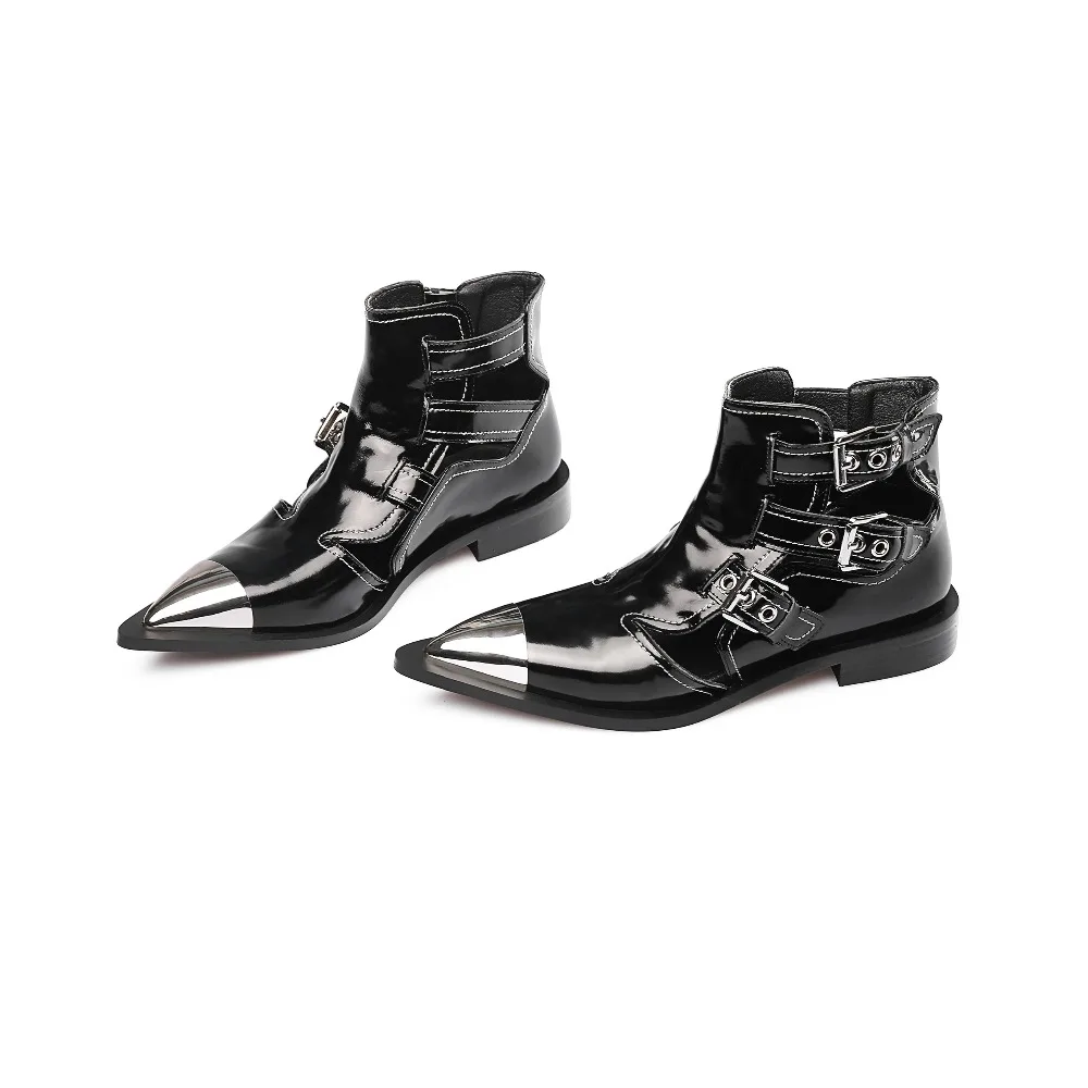 Studded Cow Leather Street Ankle Boots Buckles Women Flat Gladiator Boots Zapatos Mujer Ladies Punk Metal Toe Cap Shoes Size 43