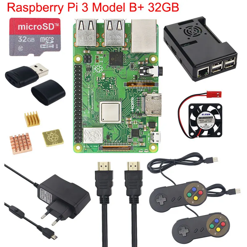 Raspberry Pi 3 Model B+ плюс игровой стартовый комплект+ sd-карта 16G 32G+ геймпад+ чехол+ вентилятор+ мощность+ радиатор+ кабель HDMI для RetroPie - Комплект: Bundle 3
